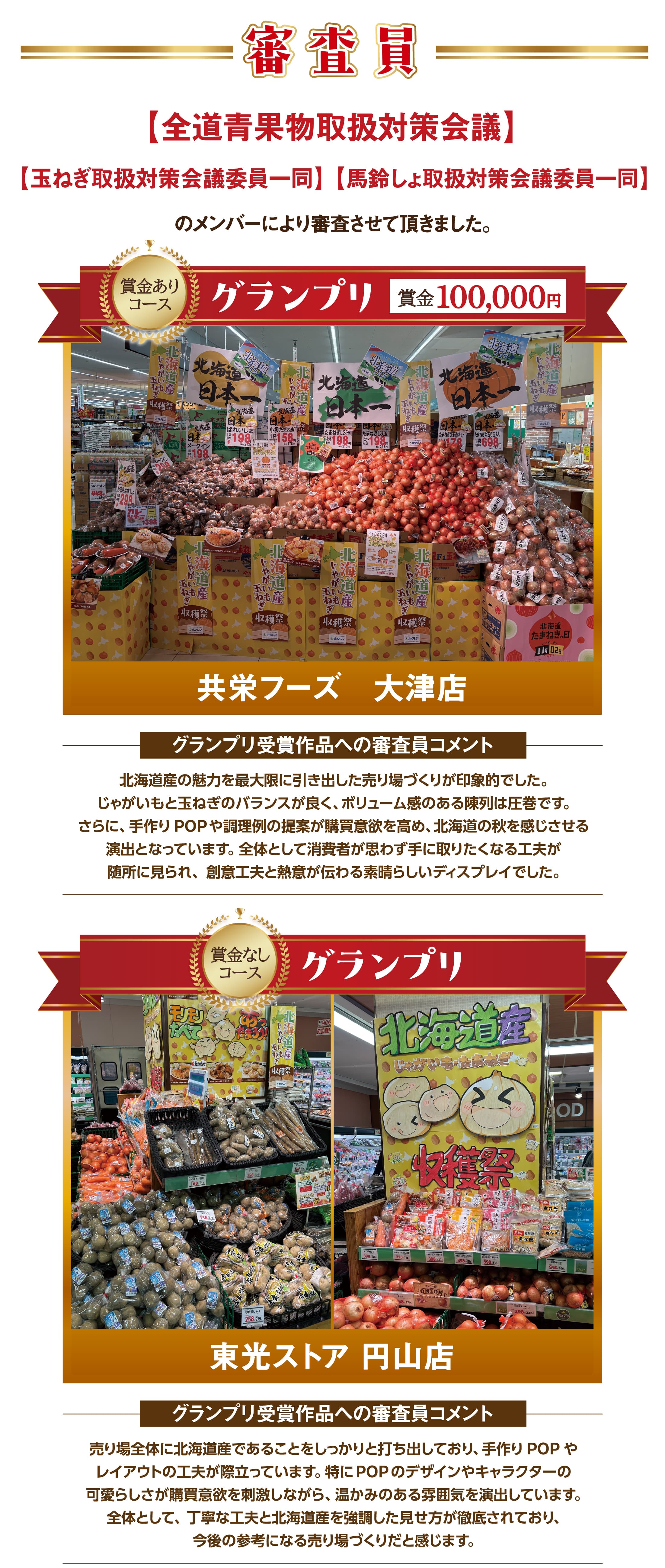 審査員【全道青果物取扱対策会議】【玉ねぎ取扱対策会議委員一同】【馬鈴しょ取扱対策会議委員一同】のメンバーにより審査させて頂きました。 | 共栄フーズ　大津店 グランプリ（賞金 100,000円）グランプリ受賞作品への審査員コメント | 北海道産の魅力を最大限に引き出した売り場づくりが印象的でした。じゃがいもと玉ねぎのバランスが良く、ボリューム感のある陳列は圧巻です。さらに、手作りPOPや調理例の提案が購買意欲を高め、北海道の秋を感じさせる演出となっています。全体として消費者が思わず手に取りたくなる工夫が随所に見られ、創意工夫と熱意が伝わる素晴らしいディスプレイでした。 | 東光ストア 円山店 グランプリ受賞作品への審査員コメント | 売り場全体に北海道産であることをしっかりと打ち出しており、手作りPOPやレイアウトの工夫が際立っています。特にPOPのデザインやキャラクターの可愛らしさが購買意欲を刺激しながら、温かみのある雰囲気を演出しています。全体として、丁寧な工夫と北海道産を強調した見せ方が徹底されており、今後の参考になる売り場づくりだと感じます。